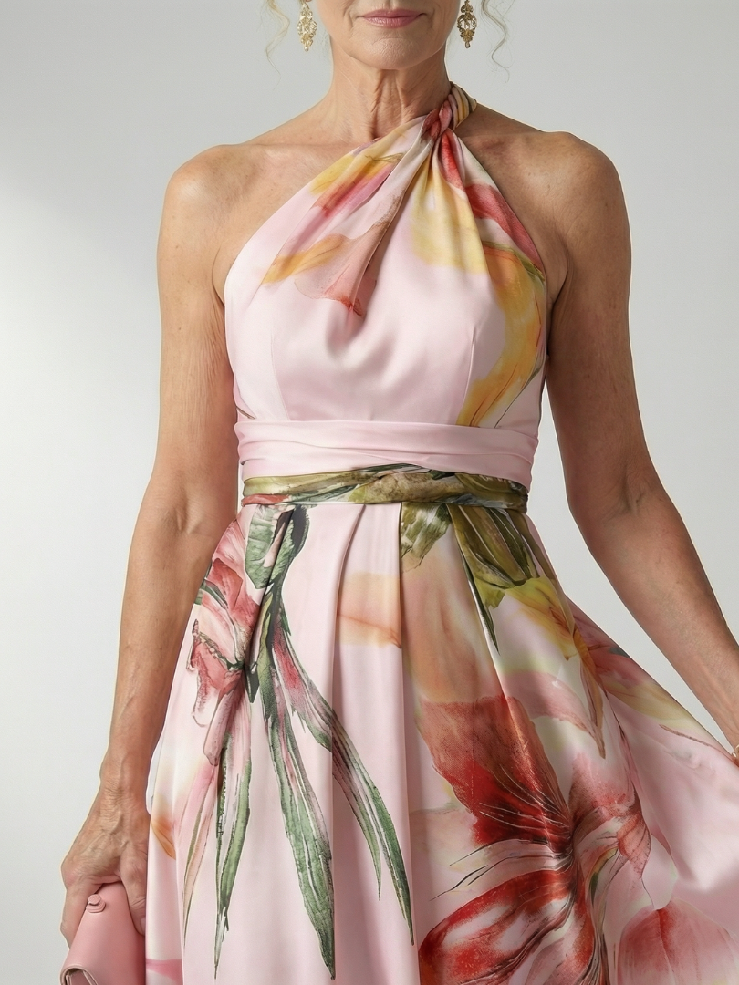 Maxikleid mit Blumenprint, Neckholder-Knoten am Hals und Taillenband, hellrosa
