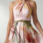 Maxikleid mit Blumenprint, Neckholder-Knoten am Hals und Taillenband, hellrosa