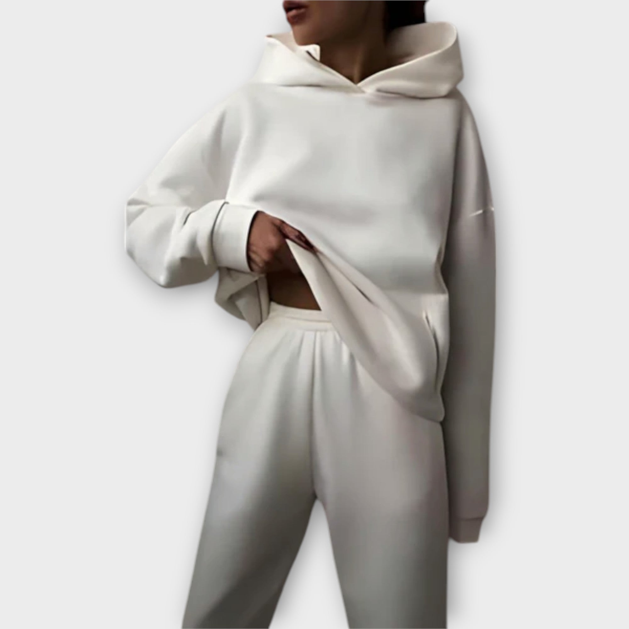 Jogginganzug mit Kapuzenpullover und Jogginghose, weiß; elastischer Bund an der Taille