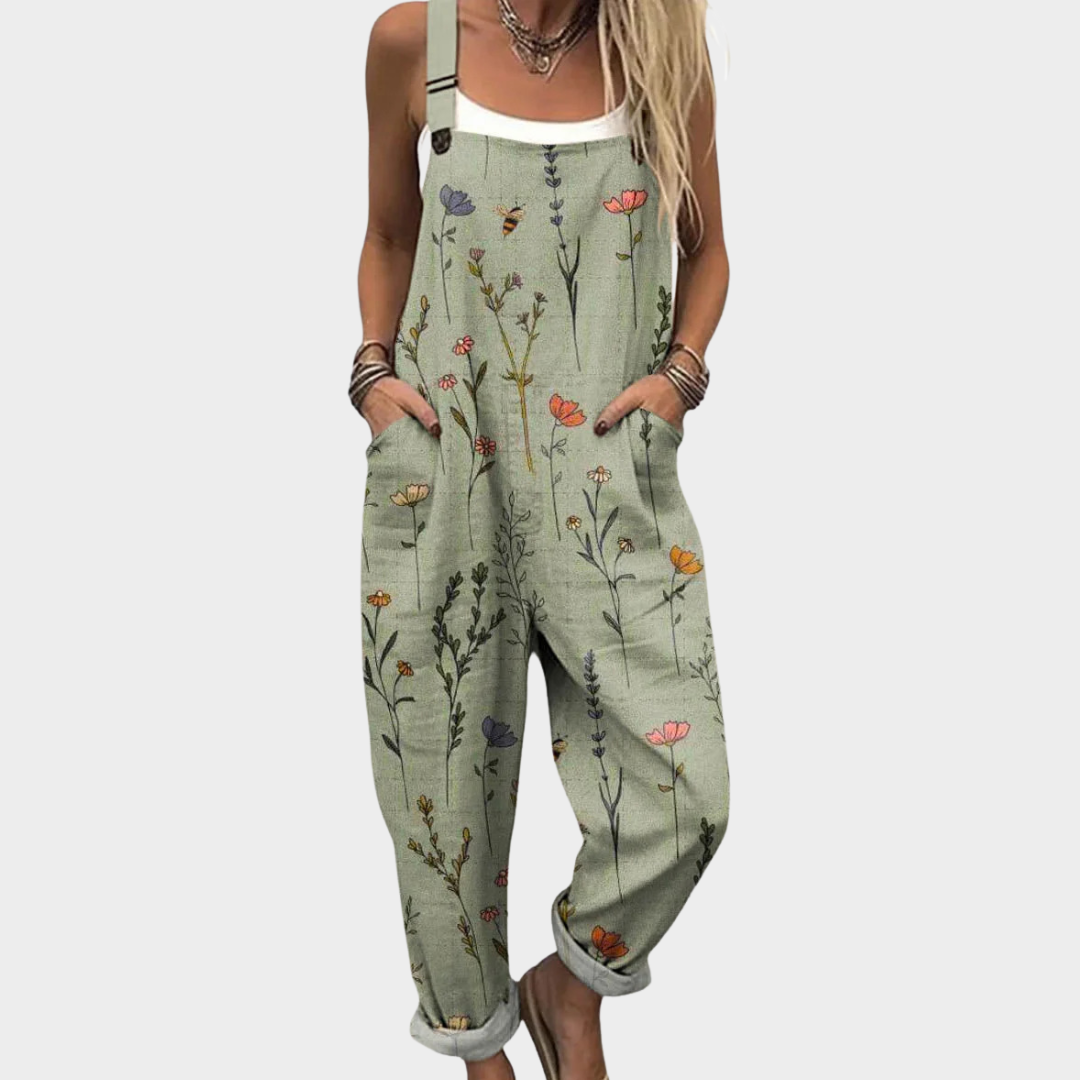 Latzhose aus Stoff mit Wildblumen-Muster, hellgrün, verstellbare Träger