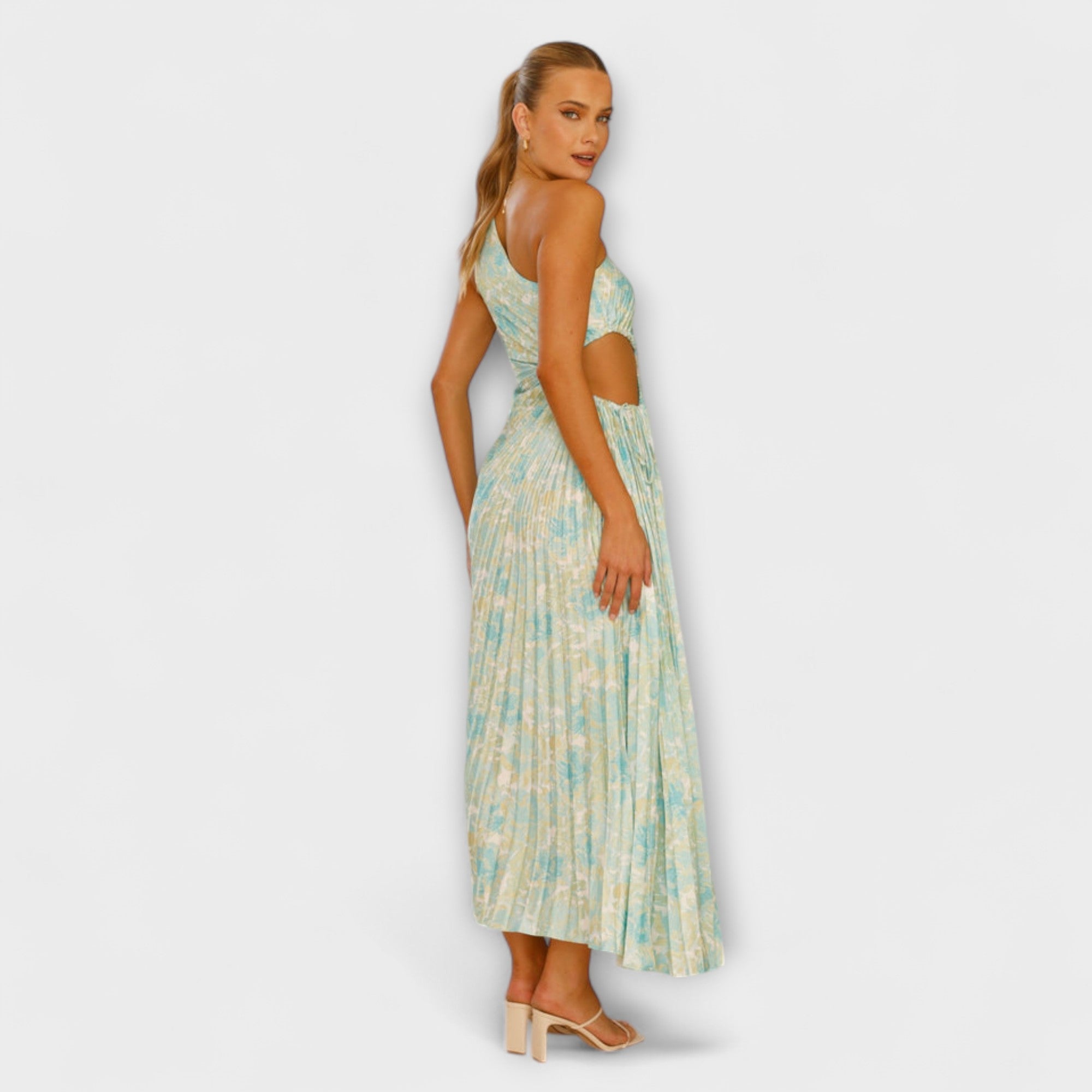 Elegantes Maxikleid mit Cut-out am Rücken, ärmellos, leicht gemustert, hellblau