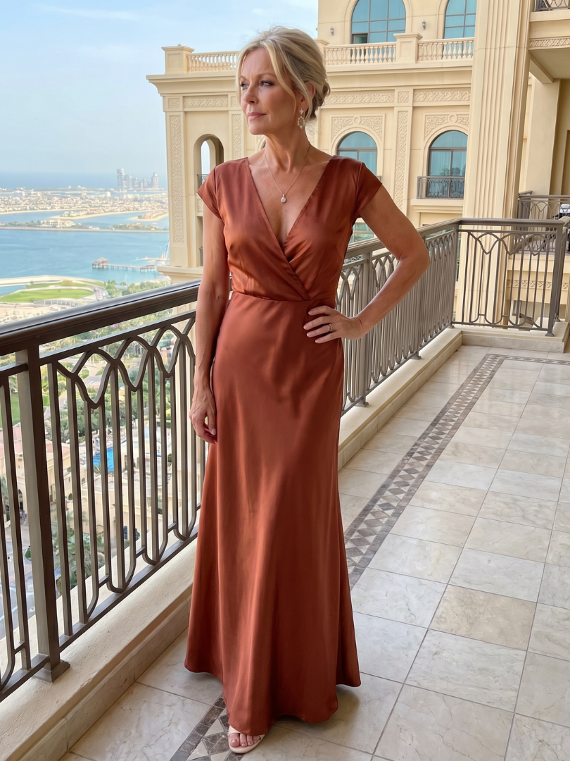 Glänzendes Maxikleid mit Wickeloberteil und kurzen Ärmeln, Roségold, seitliche Ansicht