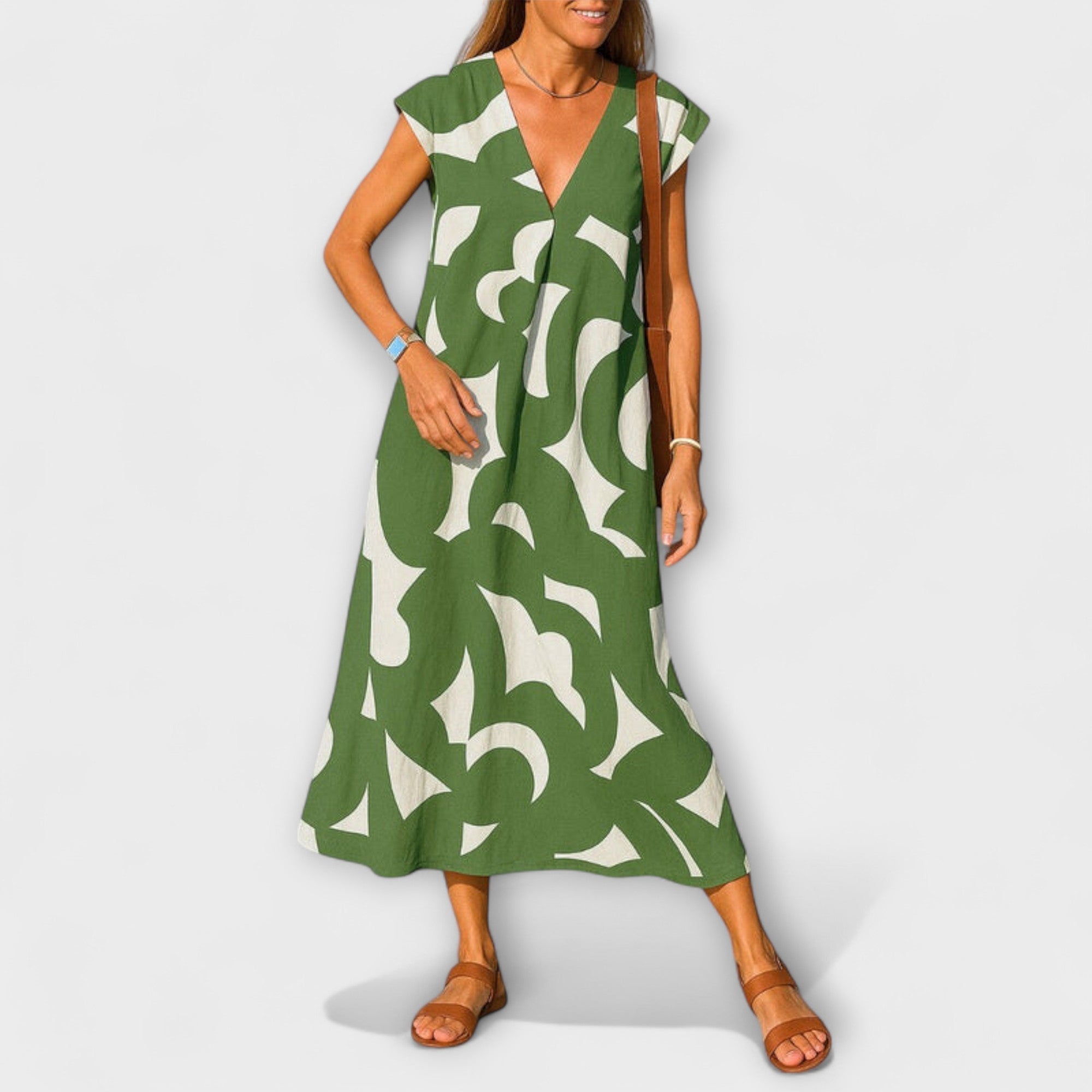 Leichtes Kleid mit V-Ausschnitt, ärmellos, grünes Allover-Muster, knielang
