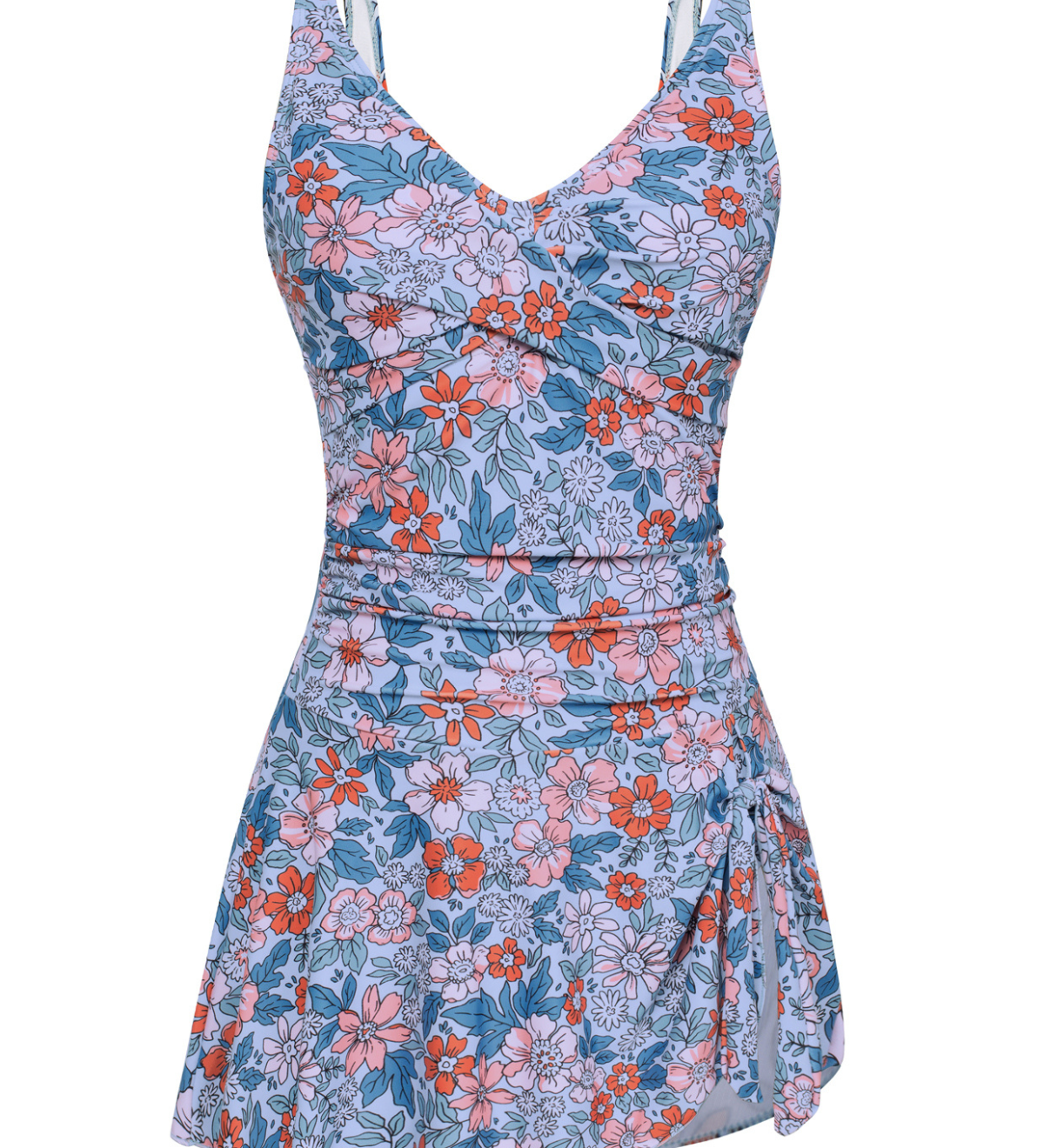 Badekleid mit V-Ausschnitt, ärmellos, blau-rosa Blumenmuster und Raffung