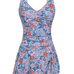 Badekleid mit V-Ausschnitt, ärmellos, blau-rosa Blumenmuster und Raffung