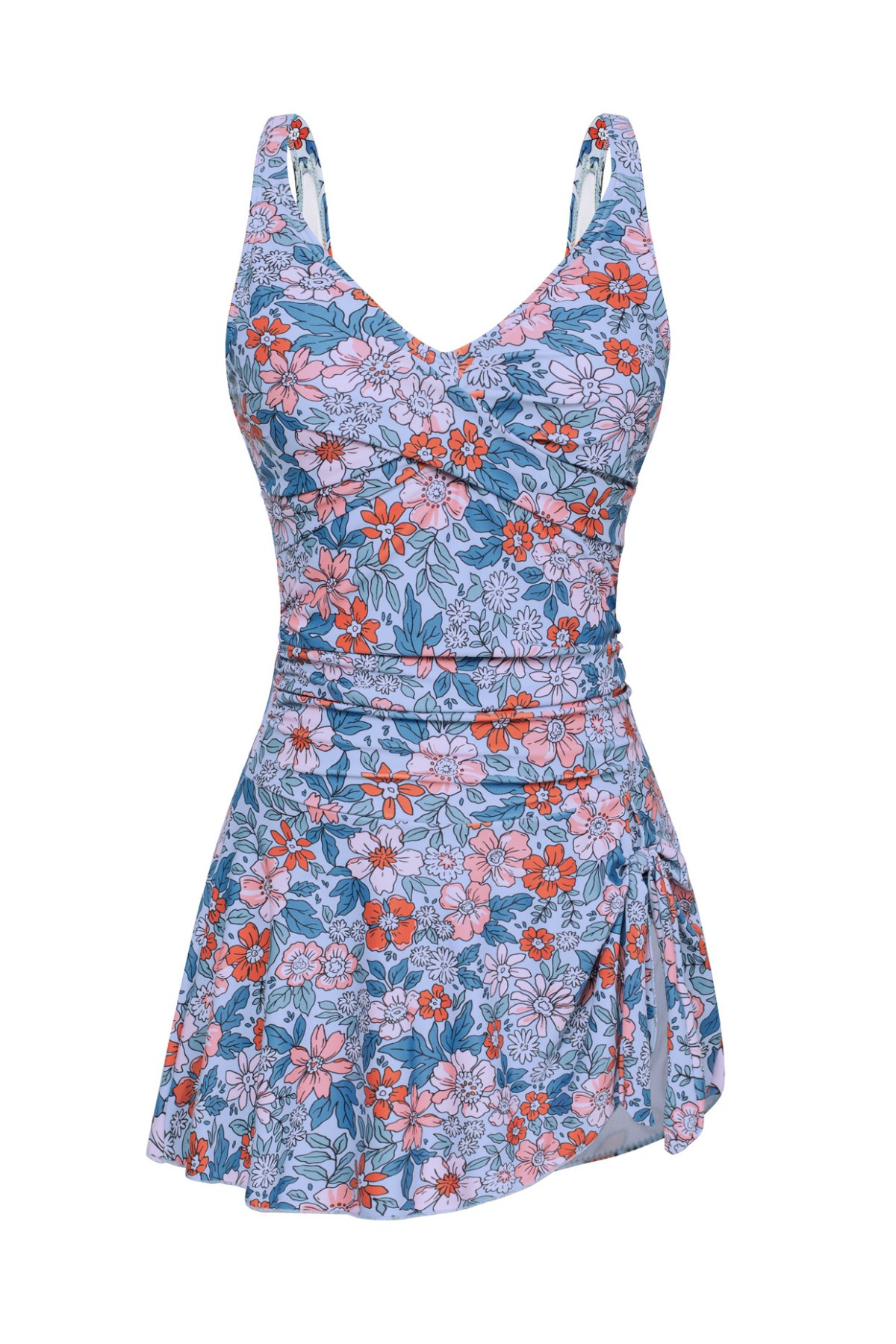 Badekleid mit V-Ausschnitt, ärmellos, blau-rosa Blumenmuster und Raffung