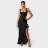 Rüschensatin-Korsettkleid schwarz, Frontansicht; Paillettenoberteil, Rüschen am Saum