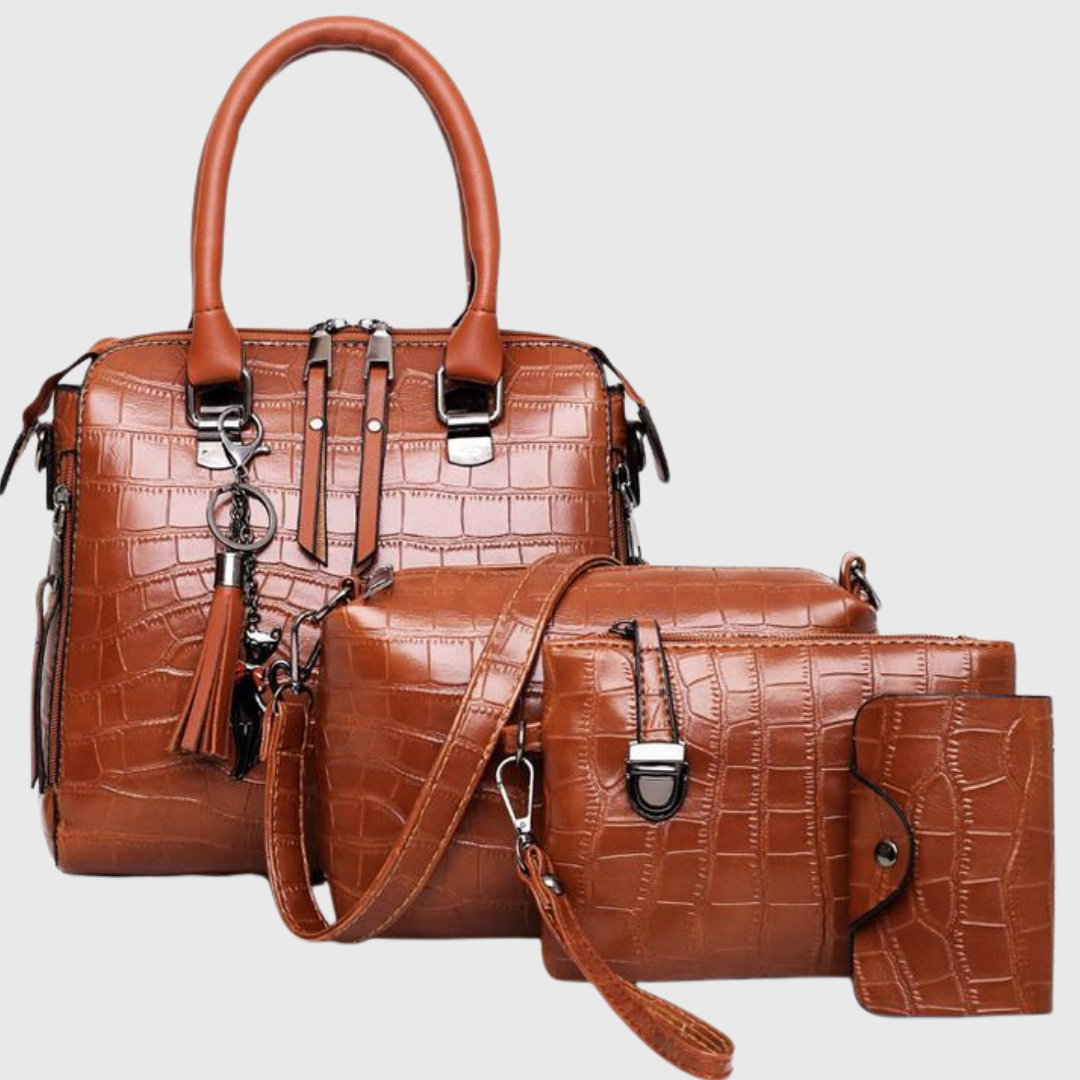 4-teiliges Handtaschen-Set aus braunem, krokoprägendem Kunstleder mit Tragegriffen und Umhängeriemen