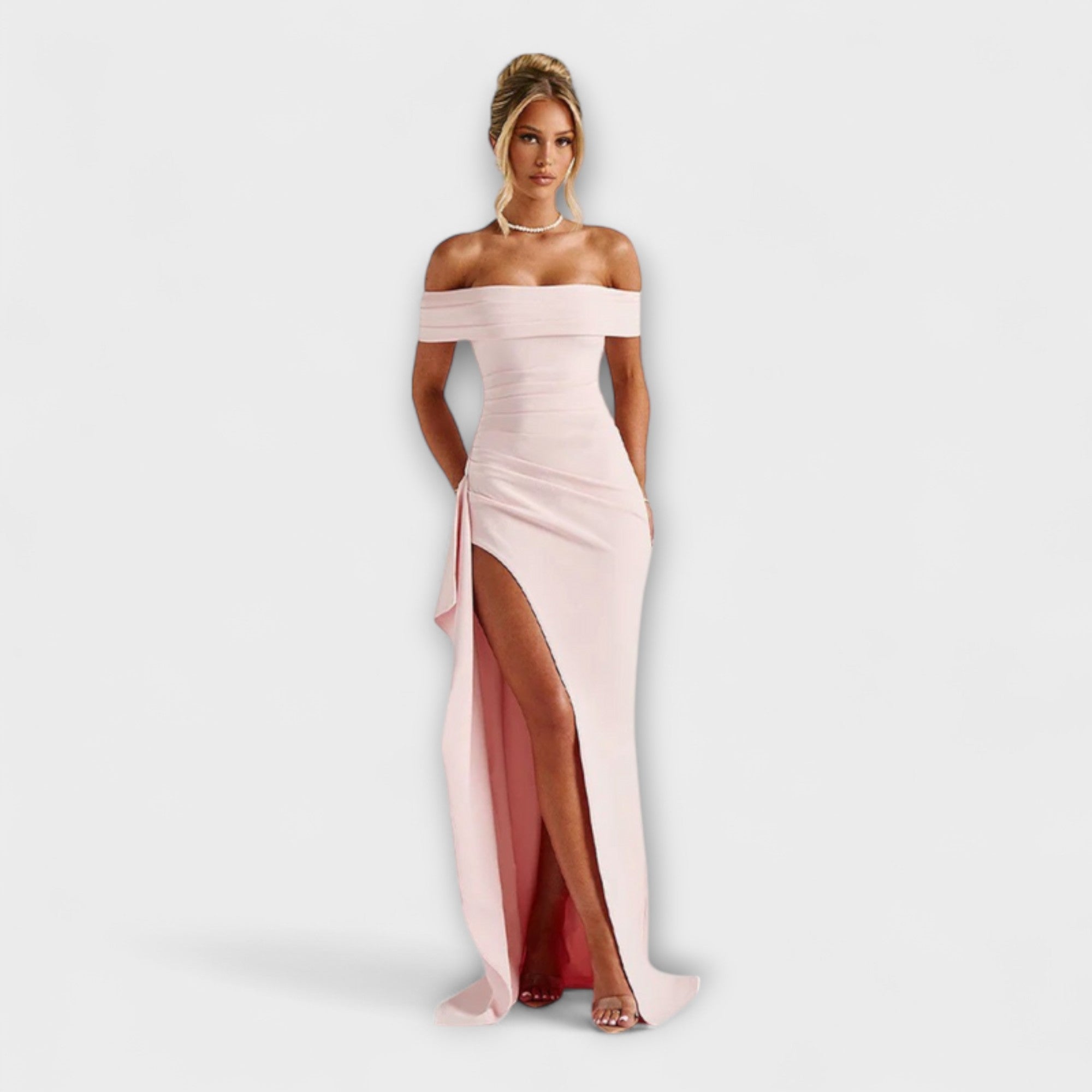 Rosa Maxi-Kleid mit schulterfreiem Bardot-Ausschnitt und hohem Beinschlitz