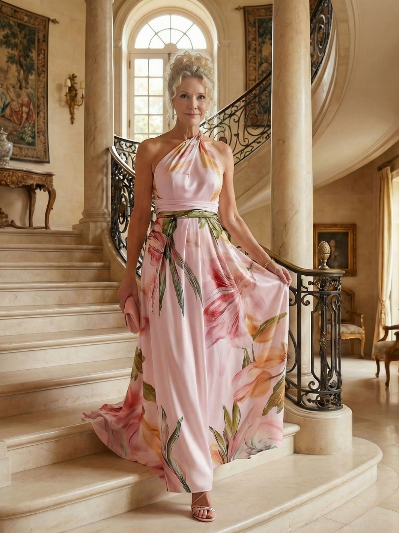 Maxikleid mit Halterneck, Blumenprint auf hellem Grund, weit schwingender Rock, Gürtel