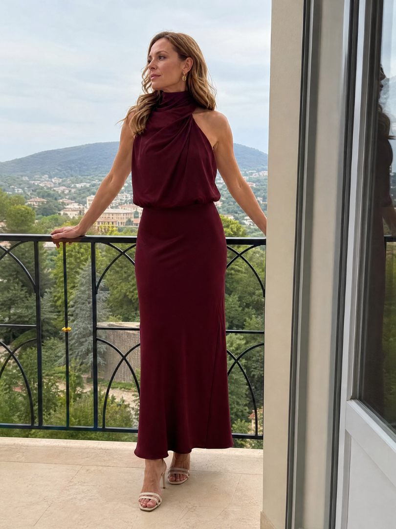 Burgunderrotes ärmelloses Midikleid mit drapiertem Halsausschnitt