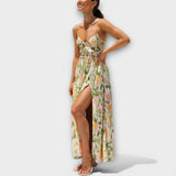 Walk-bedrucktes Kleid mit Spaghettiträgern, Blumenmuster, geraffter Taille, langer Saum, Schlitz