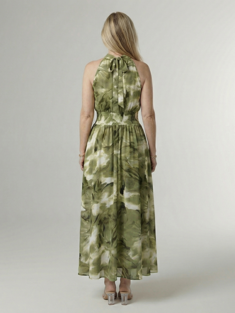 Midi-Kleid mit Neckholder und Raffung, olivgrün gemustert, geraffter Rocksaum
