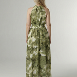 Midi-Kleid mit Neckholder und Raffung, olivgrün gemustert, geraffter Rocksaum