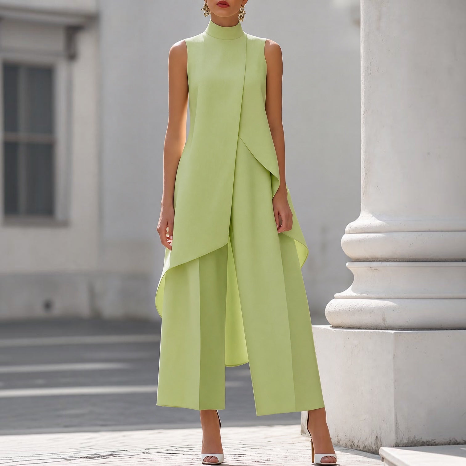 Langes ärmelloses Kleid in Salbeigrün mit hohem Rollkragen und asymmetrischem Drapé
