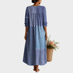 Maxikleid im Patchwork-Mix, Rückansicht, blau/teal/weiß, 3/4 Ärmel