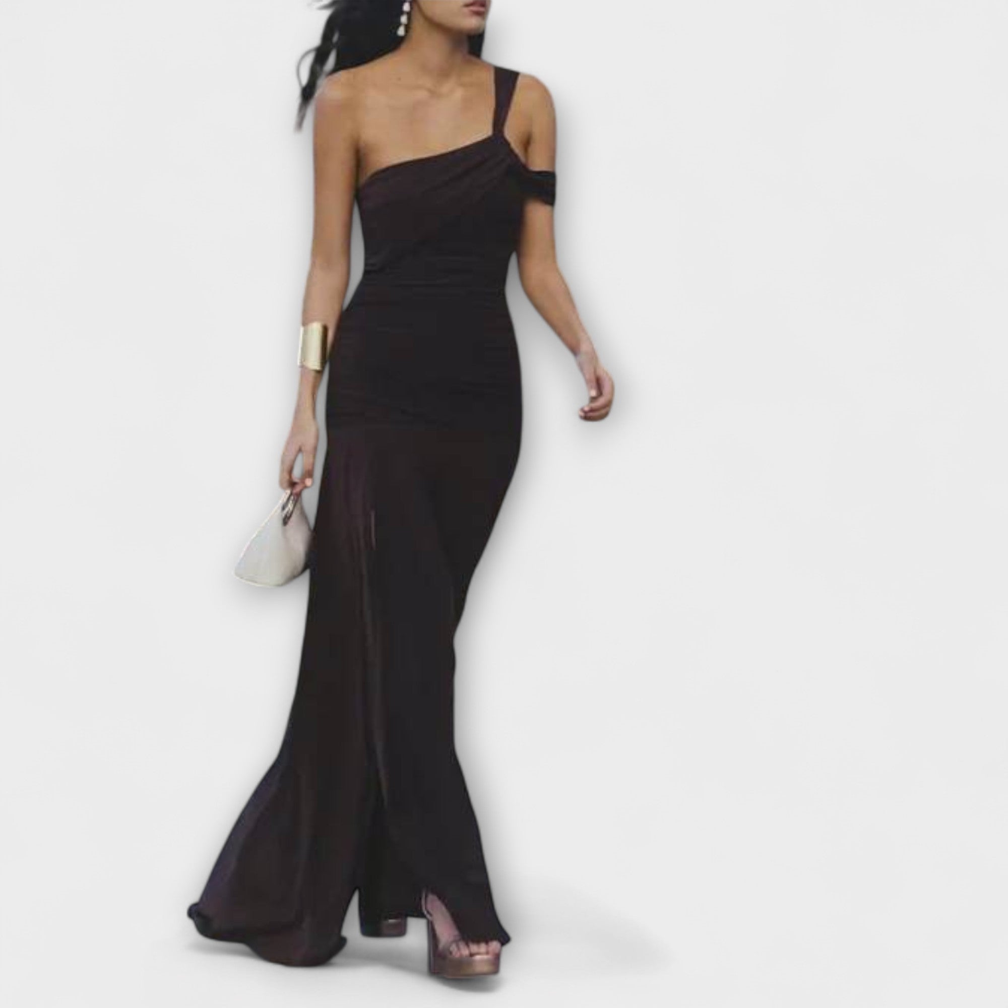 Schulterfreies Maxikleid mit langem, ausgestelltem Rock und schlanken Trägern, dunkel