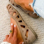 Emma geflochtene Sandalen Taupe, Knöchelbereich offen, Riemchengeflecht am Fuß