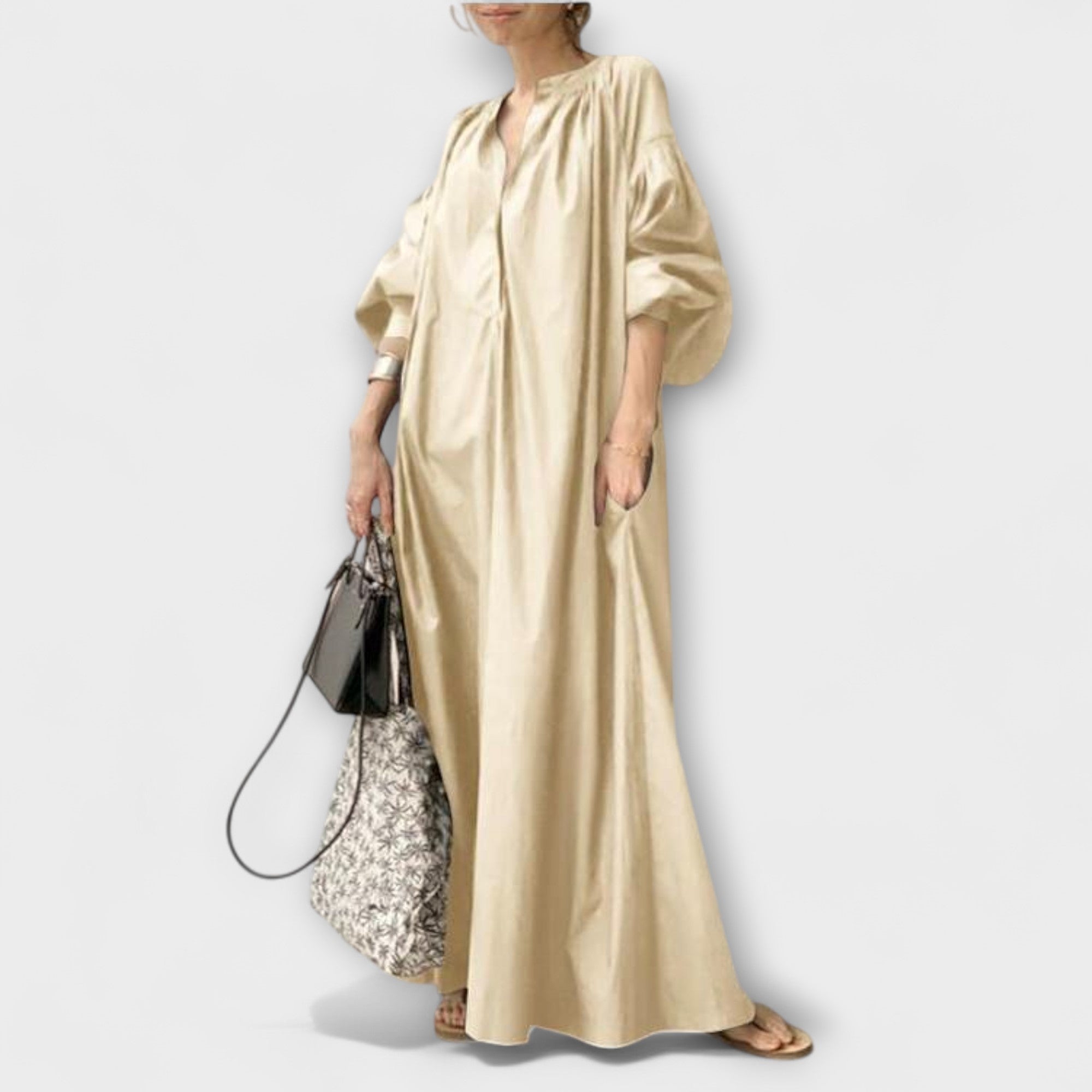 Elegantes Midikleid in Beige mit Knopfleiste, V-Ausschnitt und weiten Ärmeln