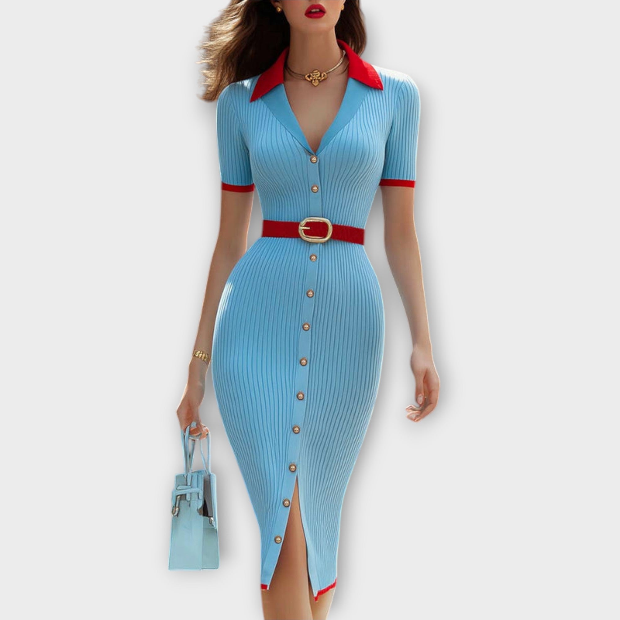Rippstrick-Bleistiftkleid in babyblau mit V-Ausschnitt und Knopfleiste, roter Gürtel