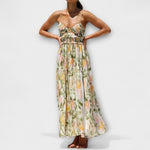 Walk-bedrucktes Kleid mit Spaghettiträgern, buntem Blumenprint, geraffter Taille, langer Rock