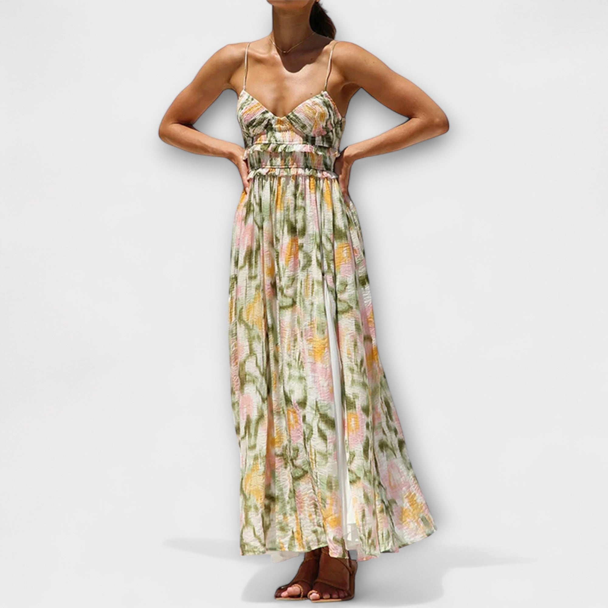 Walk-bedrucktes Kleid mit Spaghettiträgern, buntem Blumenprint, geraffter Taille, langer Rock