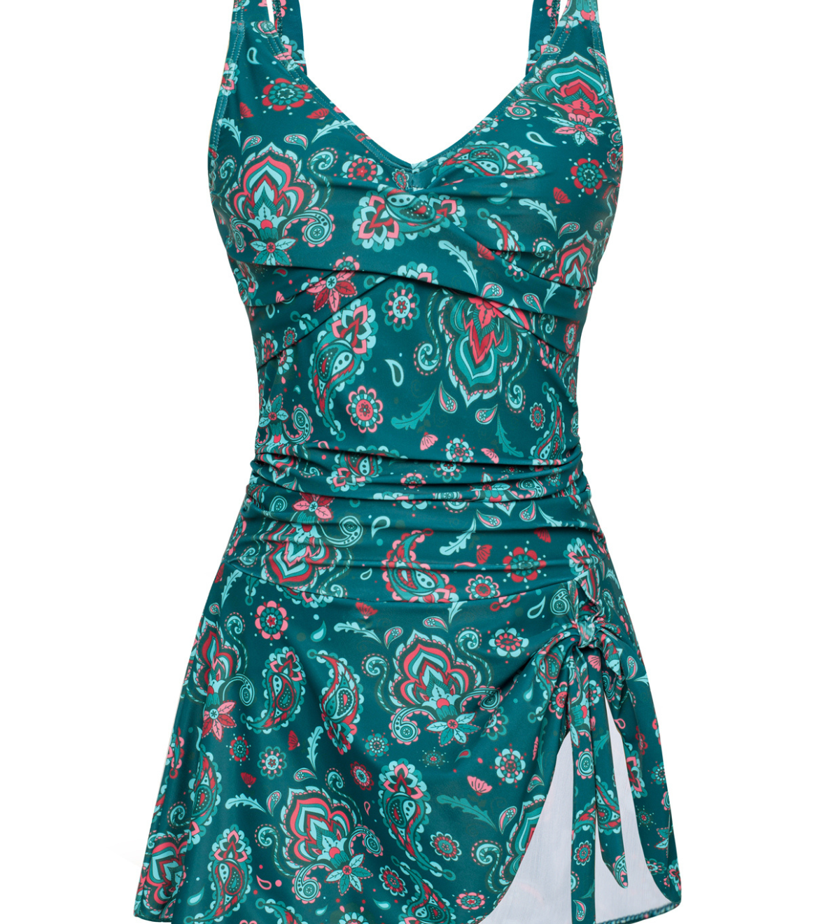 Badekleid mit V-Ausschnitt, verstellbaren Trägern, türkisfarbenes Paisley-Blumenmuster