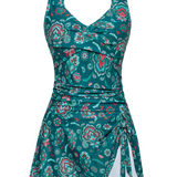 Badekleid mit V-Ausschnitt, verstellbaren Trägern, türkisfarbenes Paisley-Blumenmuster