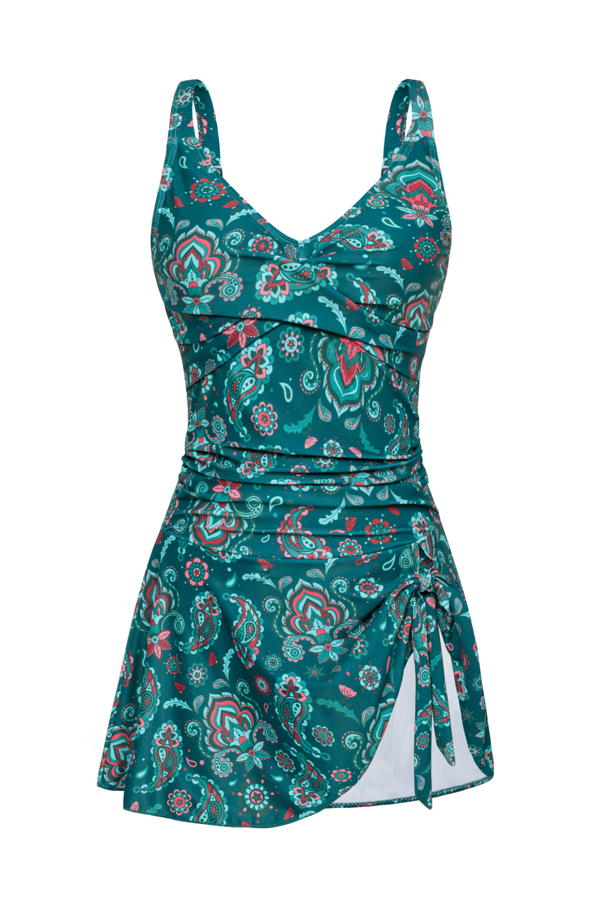 Badekleid mit V-Ausschnitt, verstellbaren Trägern, türkisfarbenes Paisley-Blumenmuster