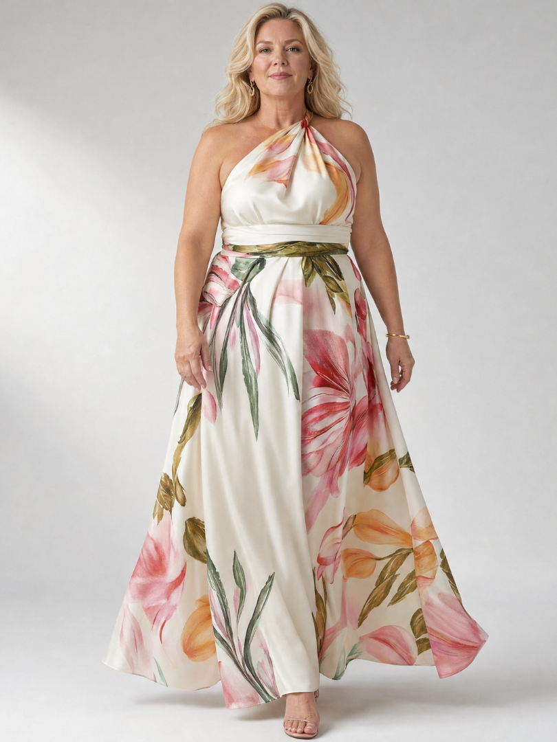 Maxikleid mit Halterneck, ärmellos, Blumenmuster in Rosa und Grün auf hellem Grund