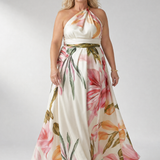 Maxikleid mit Halterneck, ärmellos, Blumenmuster in Rosa und Grün auf hellem Grund
