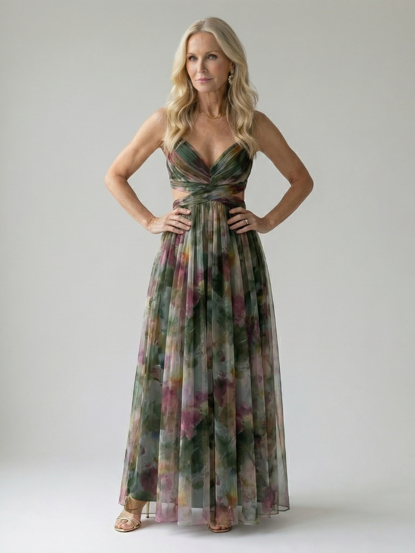 Isel Maxi-Wickelkleid mit V-Ausschnitt, mehrfarbiges Muster, fließender Rock