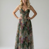 Isel Maxi-Wickelkleid mit V-Ausschnitt, mehrfarbiges Muster, fließender Rock