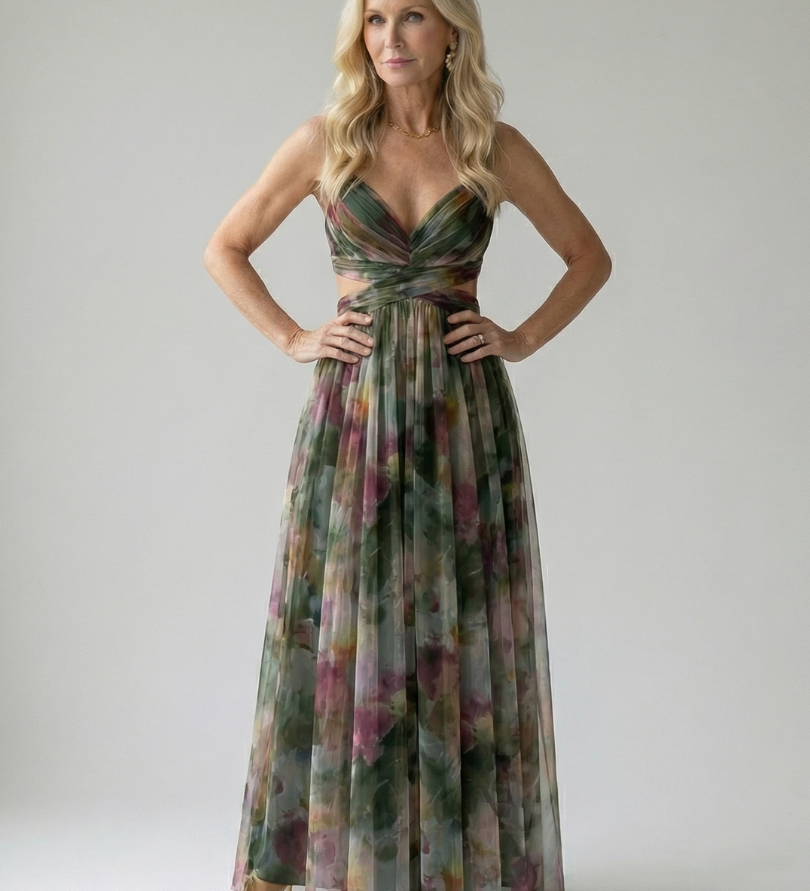 Isel Maxi-Wickelkleid mit V-Ausschnitt, mehrfarbiges Muster, fließender Rock