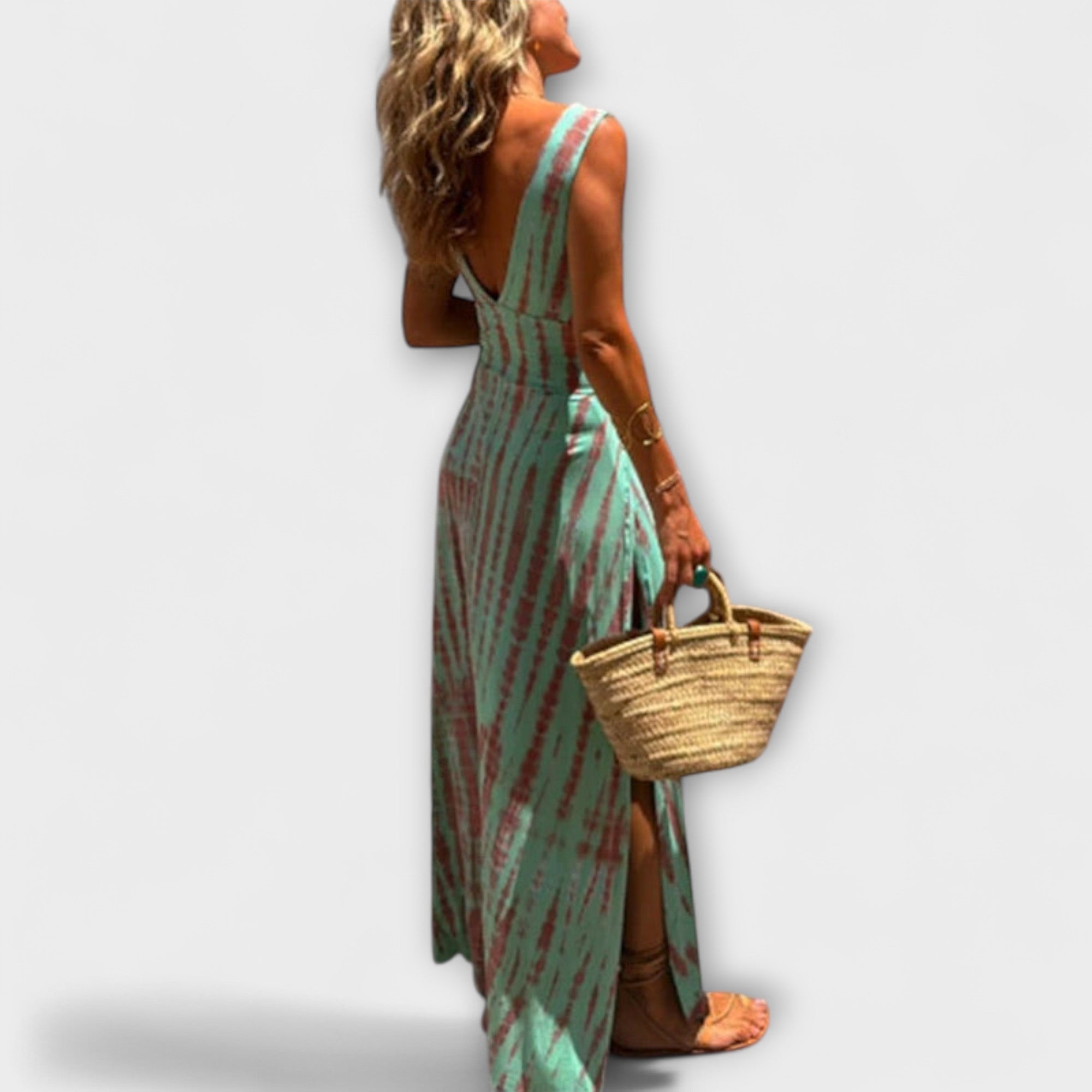 Rückenansicht grünblaues Tie-Dye-Stretchkleid mit Cutout, bodenlangem Schlitz