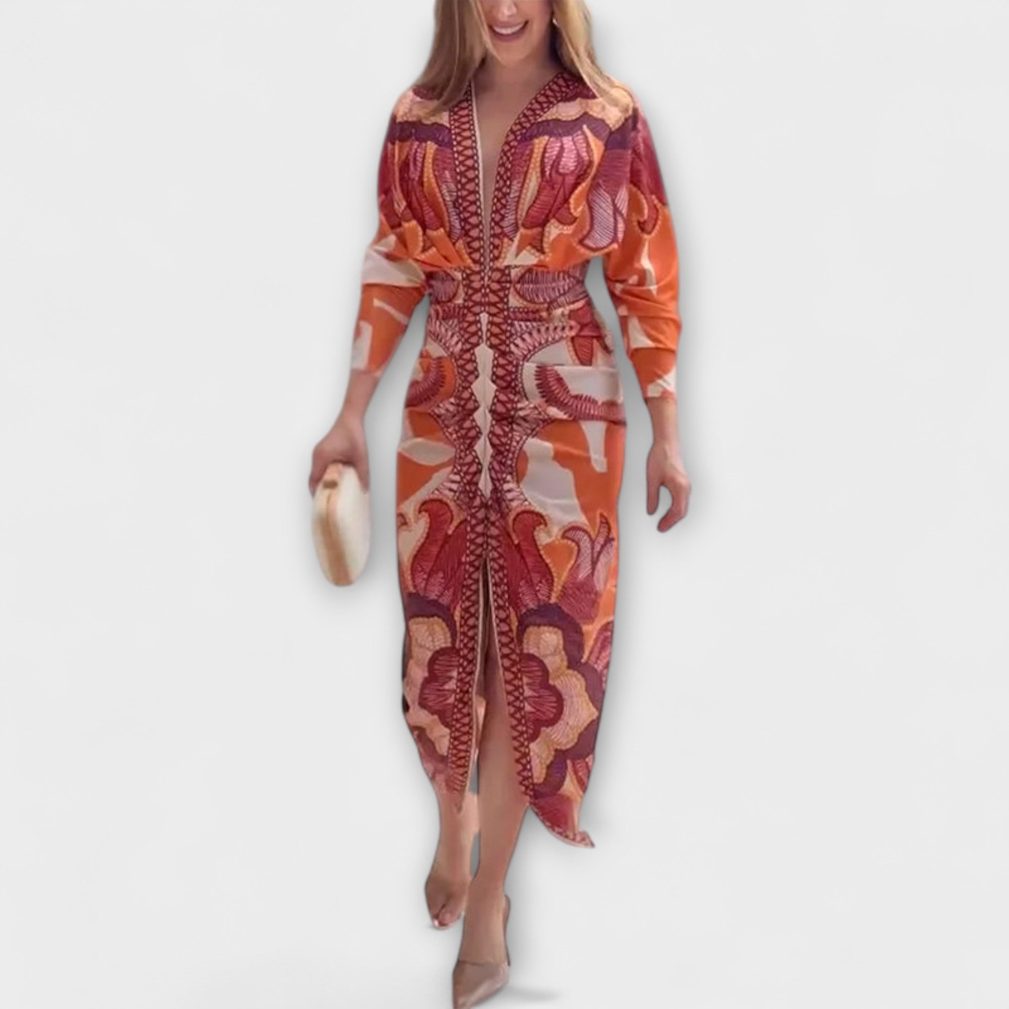 Midikleid mit Dolmanärmeln, V-Ausschnitt und farbigem Paisley-Print (orange/braun)