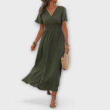 Olivenfarbenes Boho-Maxikleid mit V-Ausschnitt, kurzem Ärmel und seitlichem Beinschlitz