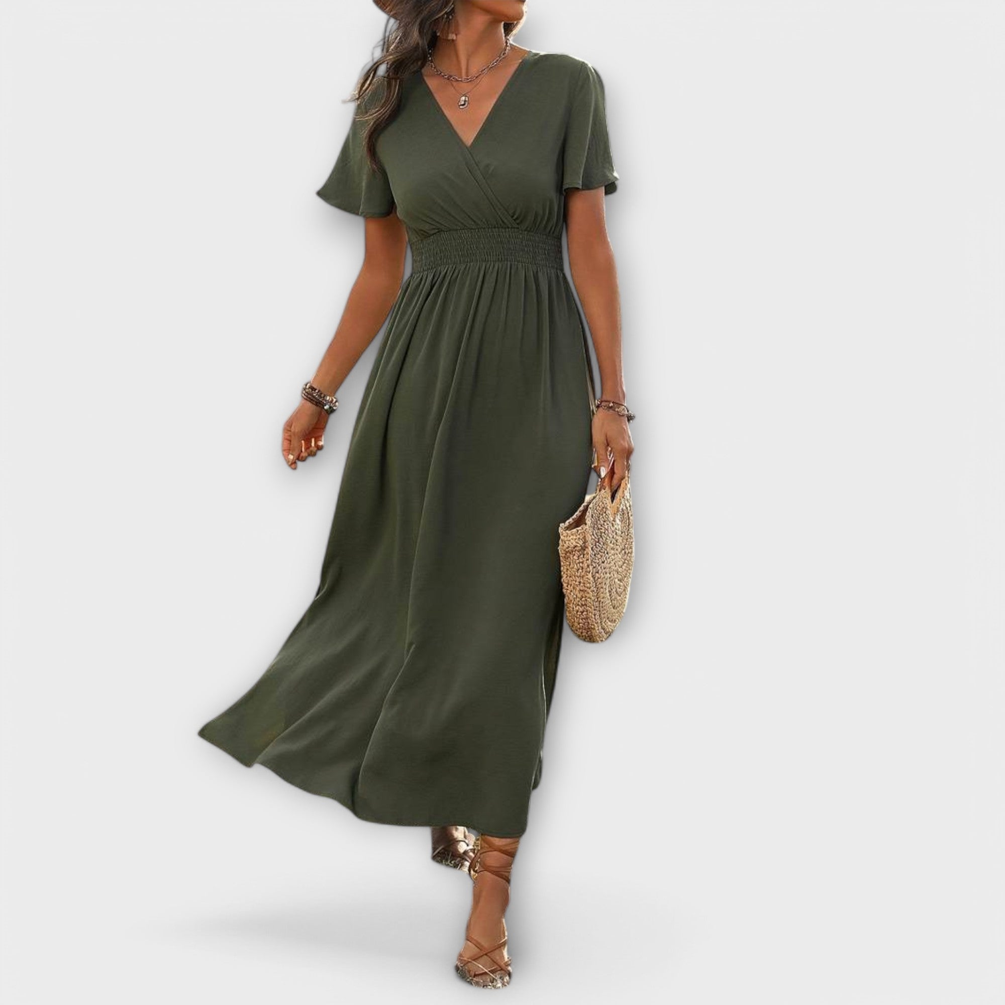 Olivenfarbenes Boho-Maxikleid mit V-Ausschnitt, kurzem Ärmel und seitlichem Beinschlitz