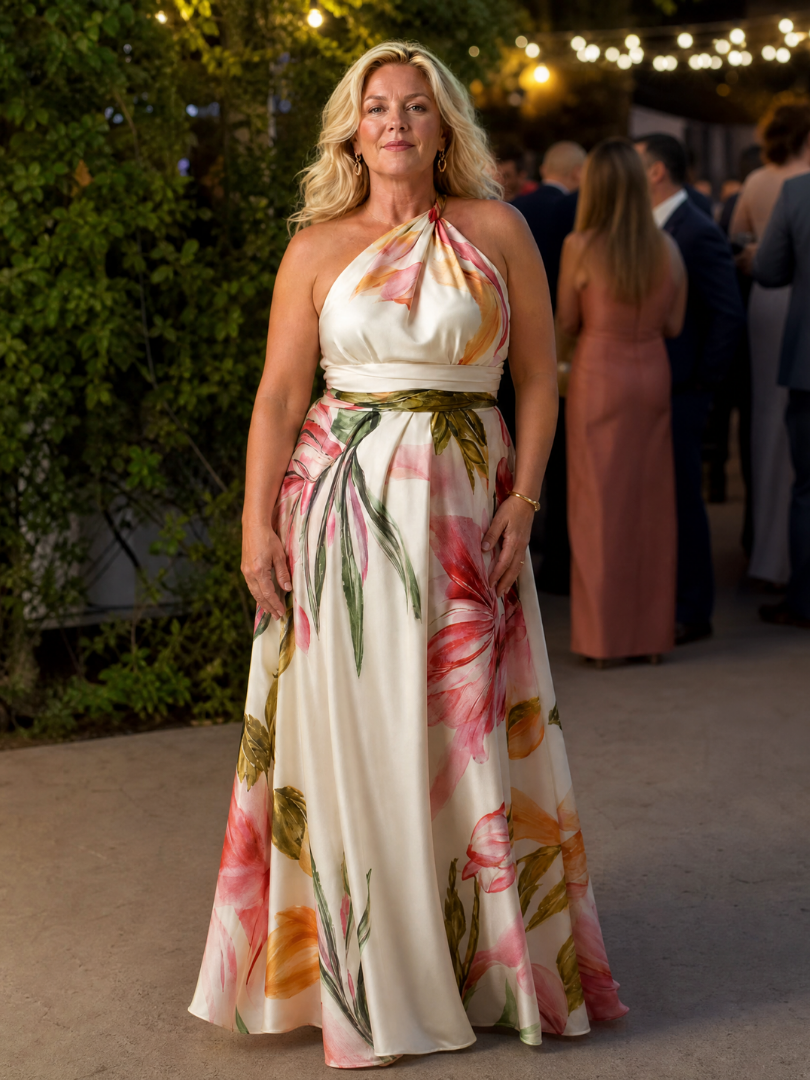 Maxikleid mit Halterneck und Blumenmuster, weit schwingender Rock, Gürtel in der Taille