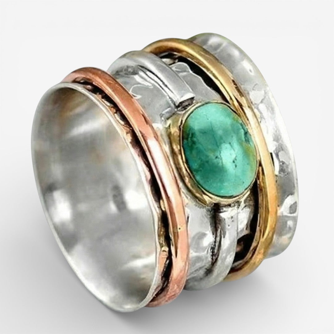 Vintage Ring mit ovalem Türkisstein und dreifarbiger Bandfassung: Silber, Roségold, Gold