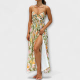 Walk-bedrucktes Kleid mit Spaghettiträgern, buntem Blumenprint, geraffter Taille, seitlicher Schlitz