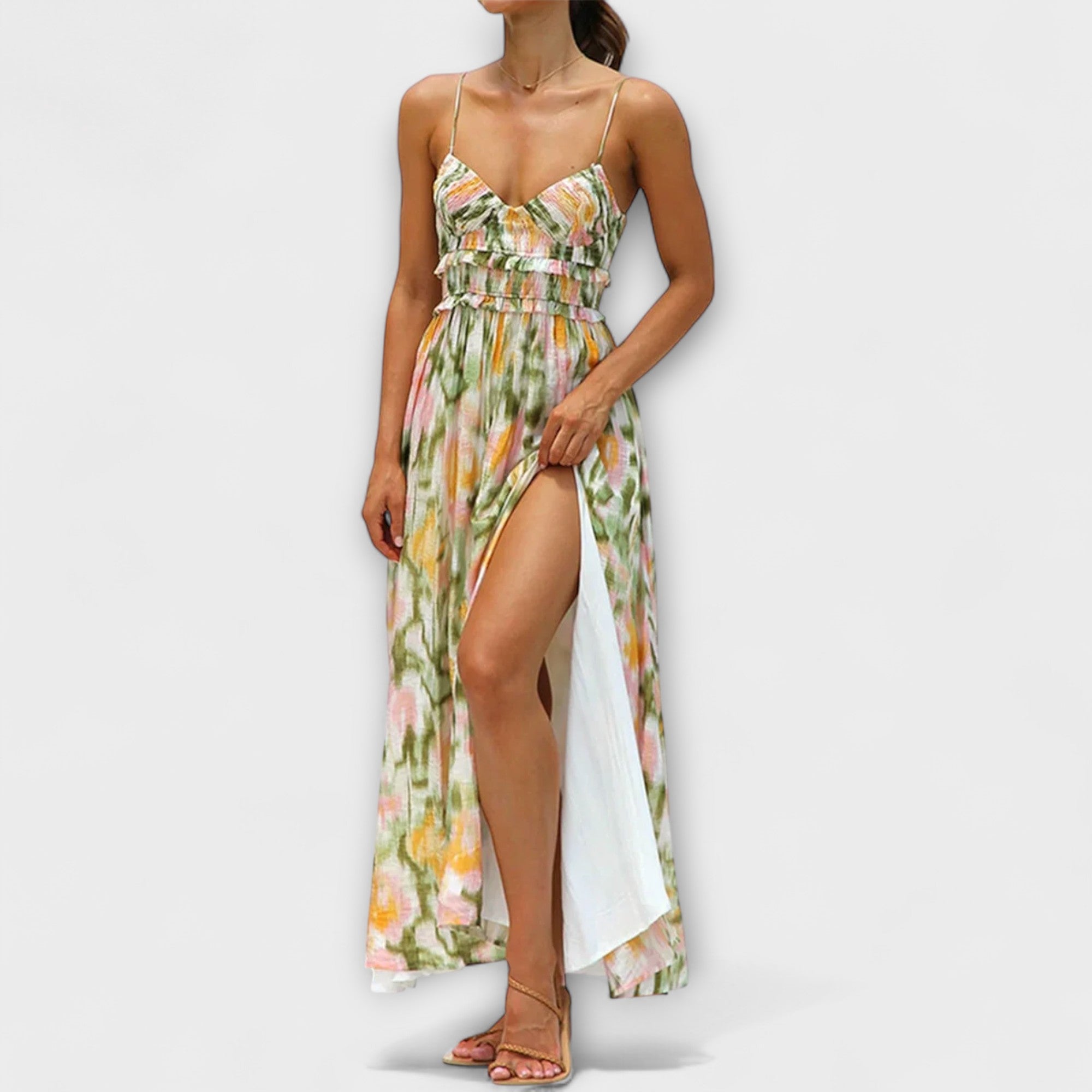 Walk-bedrucktes Kleid mit Spaghettiträgern, buntem Blumenprint, geraffter Taille, seitlicher Schlitz