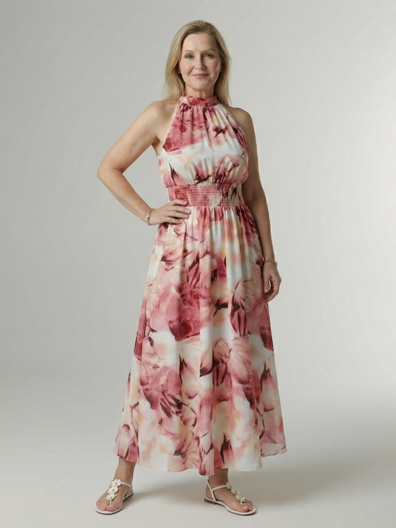 Midi-Kleid mit Neckholder und Raffung, rosa-weiß gemustert, ausgestellter Rock