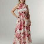 Midi-Kleid mit Neckholder und Raffung, rosa-weiß gemustert, ausgestellter Rock
