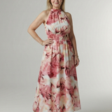 Midi-Kleid mit Neckholder und Raffung, rosa-weiß gemustert, ausgestellter Rock
