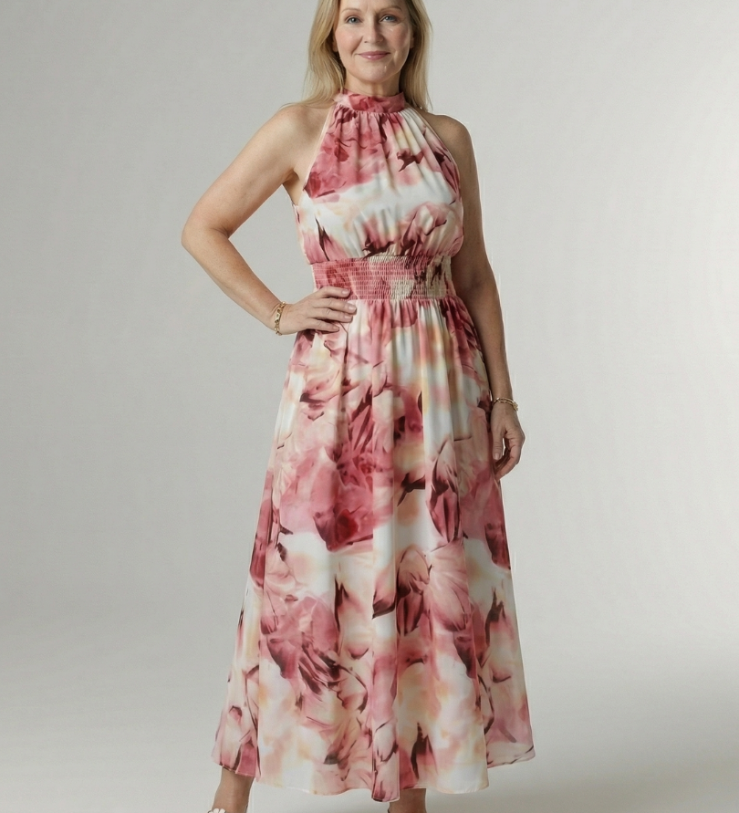 Midi-Kleid mit Neckholder und Raffung, rosa-weiß gemustert, ausgestellter Rock