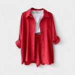 Zweiteiliges Set in Rot: Overshirtjacke und Shorts, Kordelzugbund, weite Passform