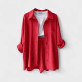 Zweiteiliges Set in Rot: Overshirtjacke und Shorts, Kordelzugbund, weite Passform