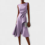 Drapiertes asymmetrisches Midikleid, ärmellos, lila, Knoten vorn und asymmetrischer Saum