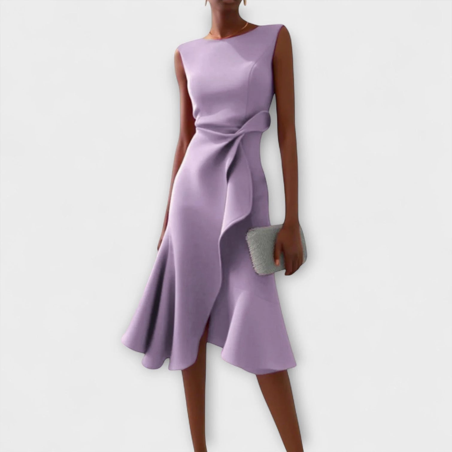 Drapiertes asymmetrisches Midikleid, ärmellos, lila, Knoten vorn und asymmetrischer Saum